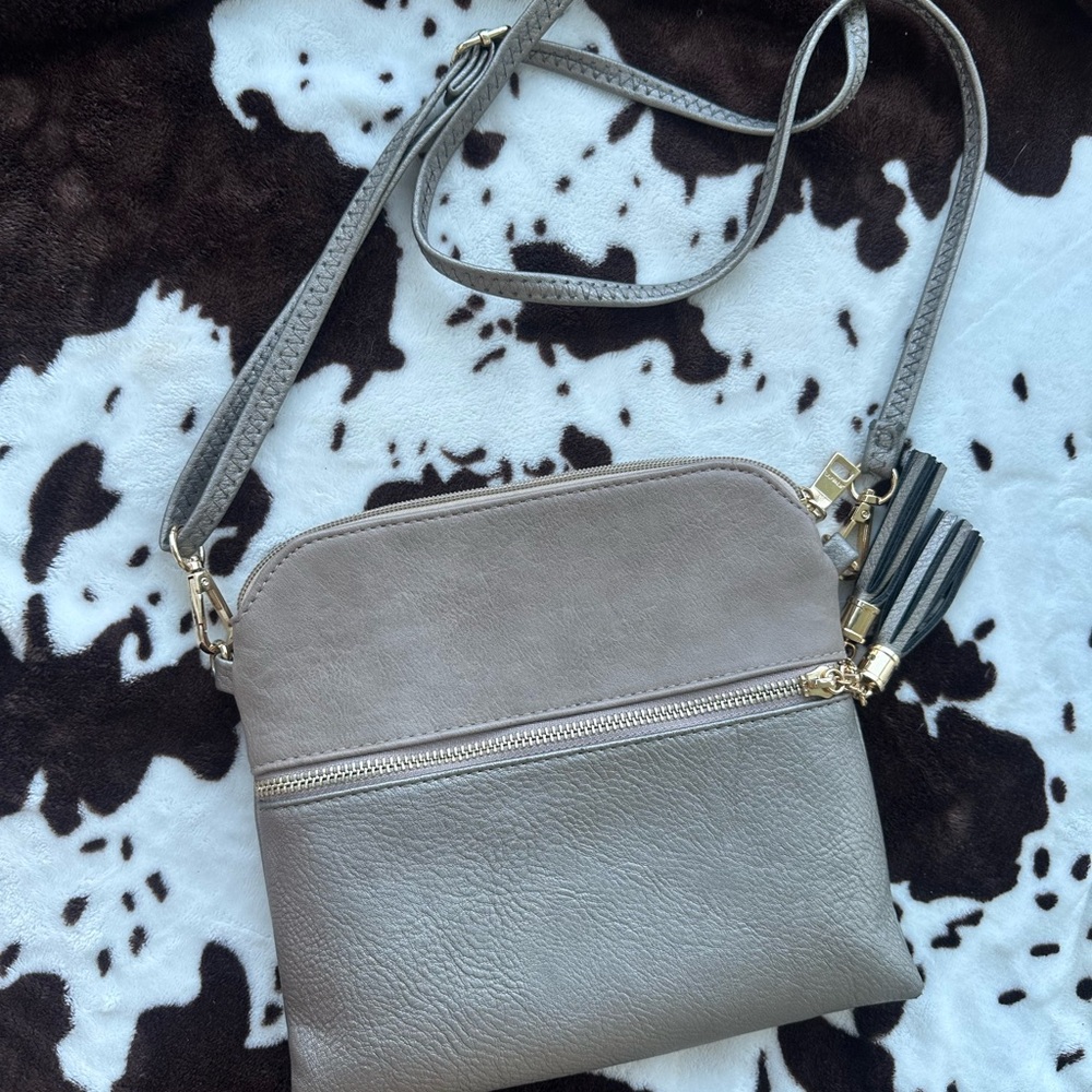 Elegant Taupe Crossbody Bag with Tassel
